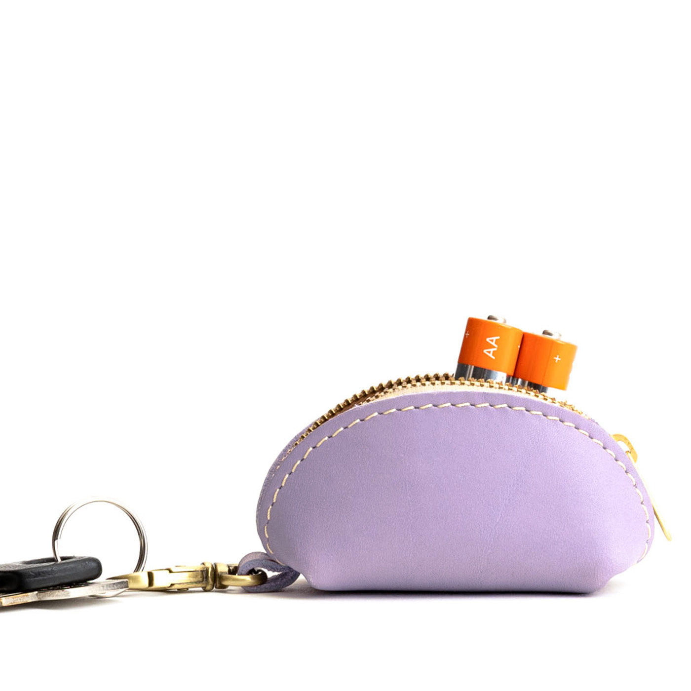 Lavender | Taco shaped leather pouch with zipper and swivel lobster clasp on white background