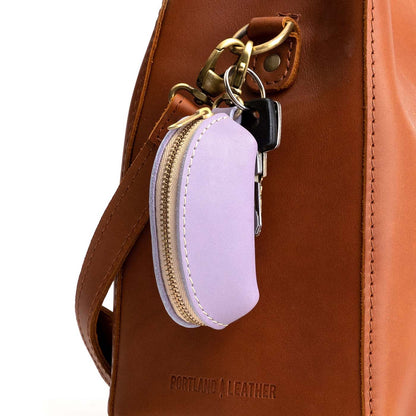 Lavender | Taco shaped leather pouch with zipper and swivel lobster clasp on bag