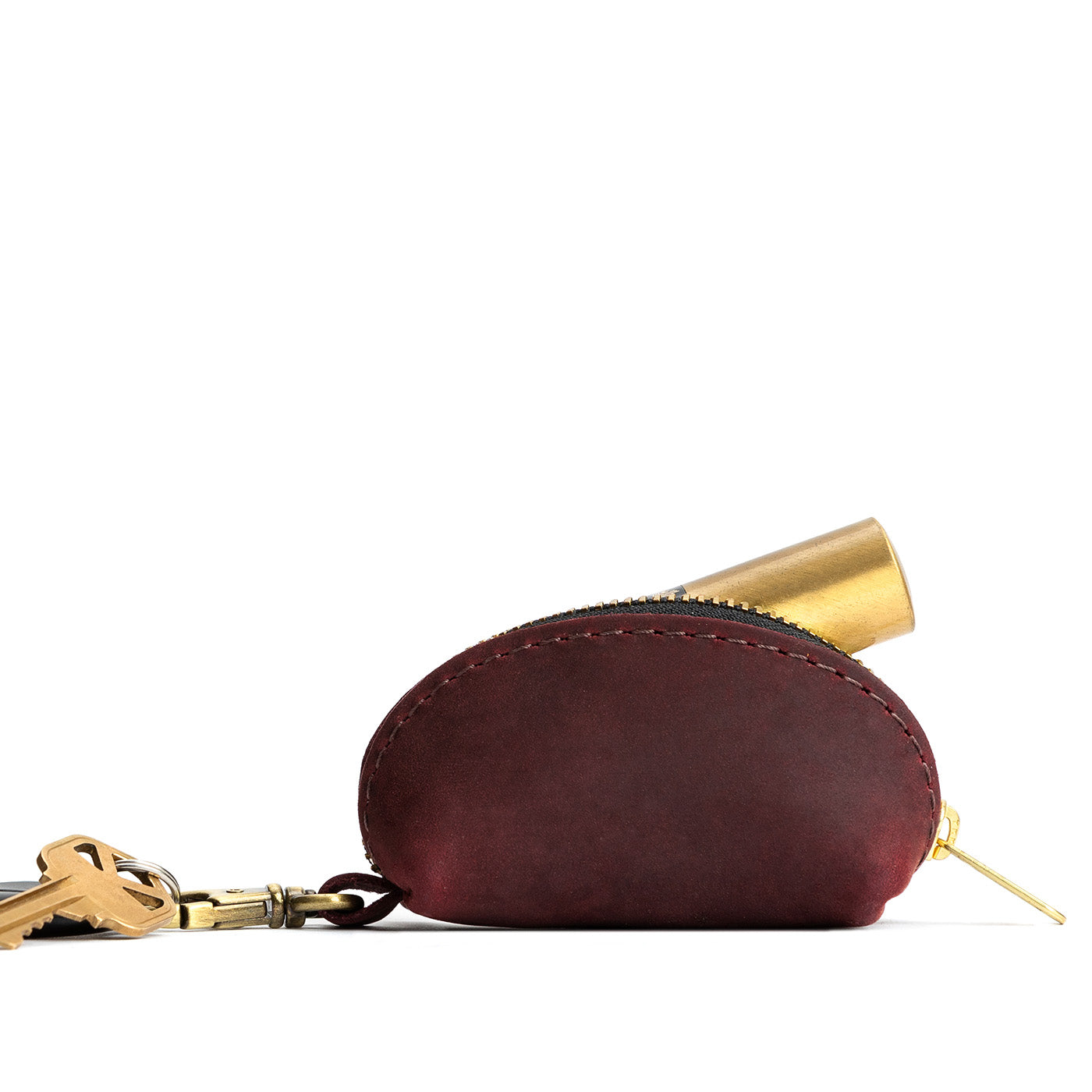 Merlot | Taco shaped leather pouch with zipper and swivel lobster clasp on white background
