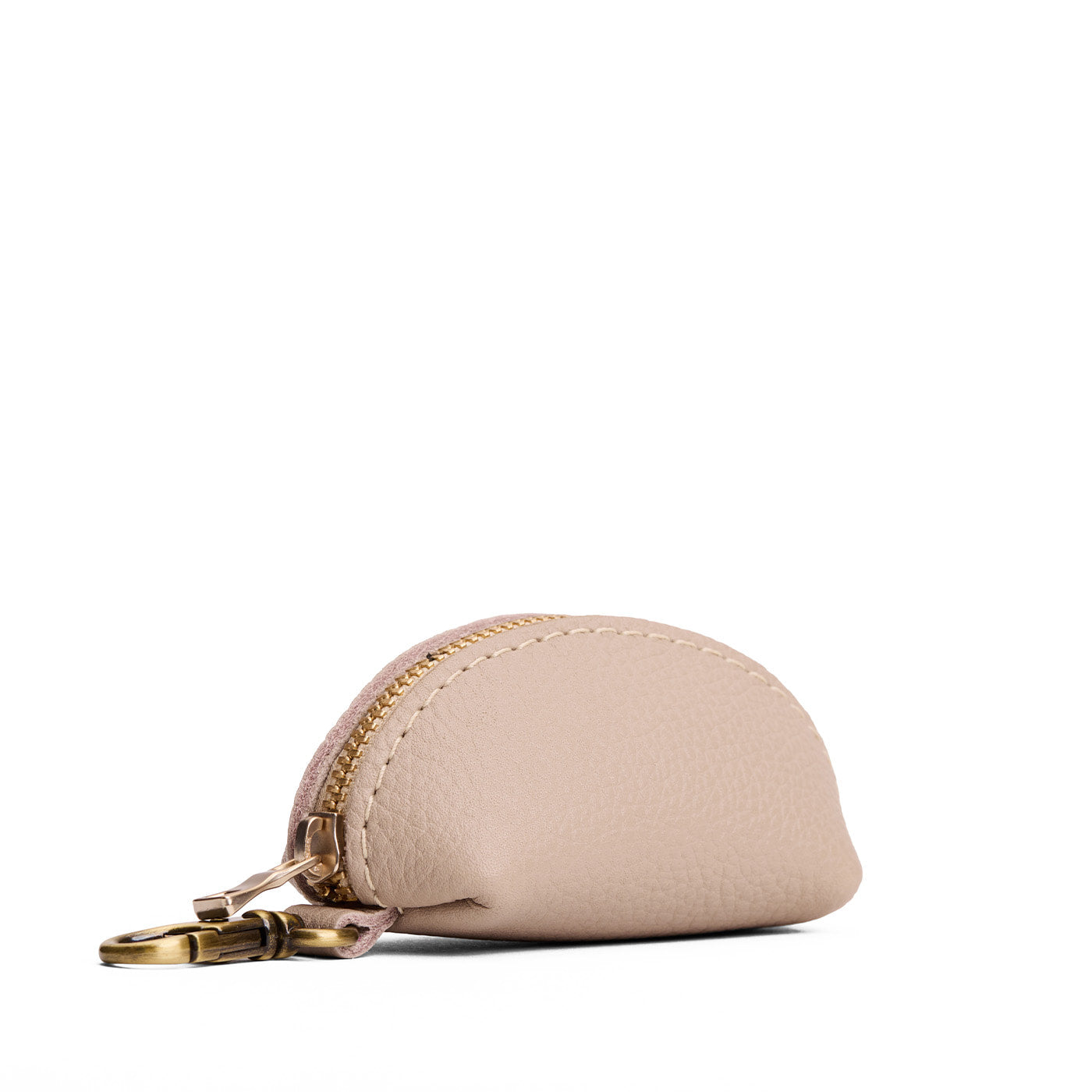 Oatmilk | Taco shaped leather pouch with zipper and swivel lobster clasp on white background