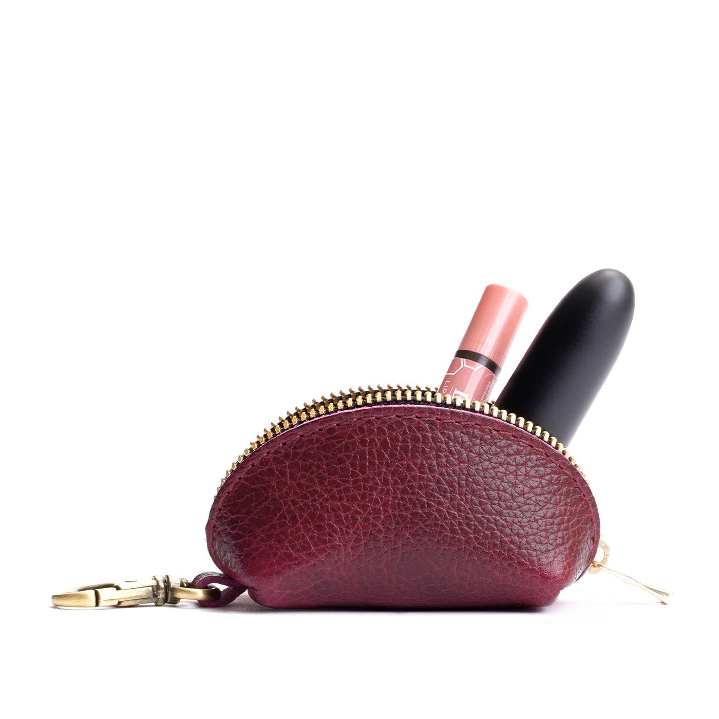 Orchid | Taco shaped leather pouch with zipper and swivel lobster clasp on white background