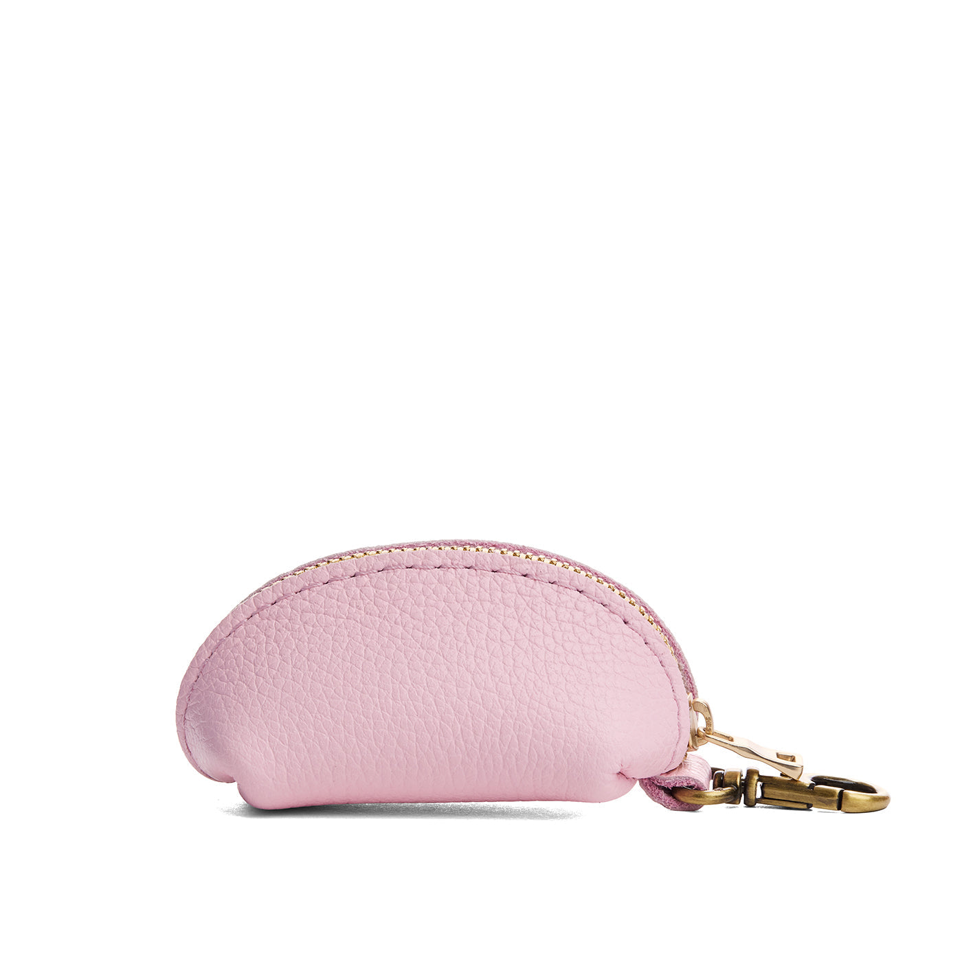 Pinkaboo | Taco shaped leather pouch with zipper and swivel lobster clasp on white background