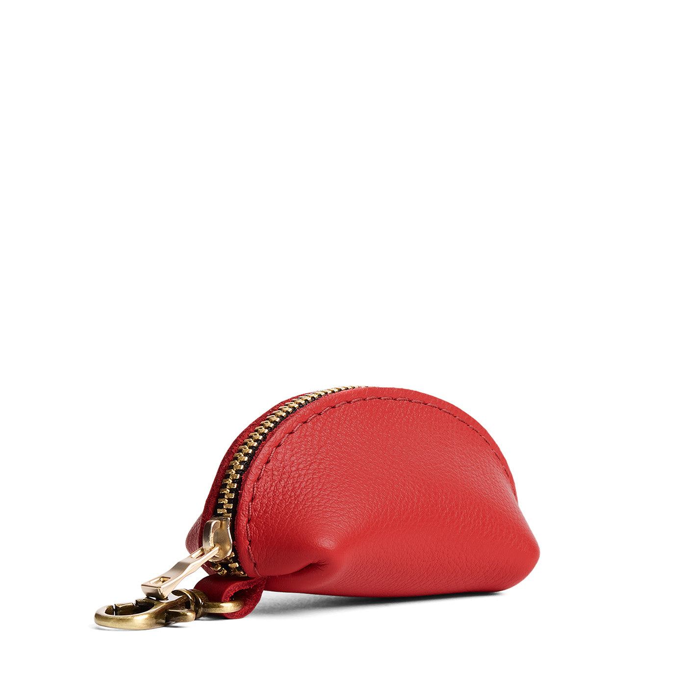 Poppy Red | Taco shaped leather pouch with zipper and swivel lobster clasp on white background