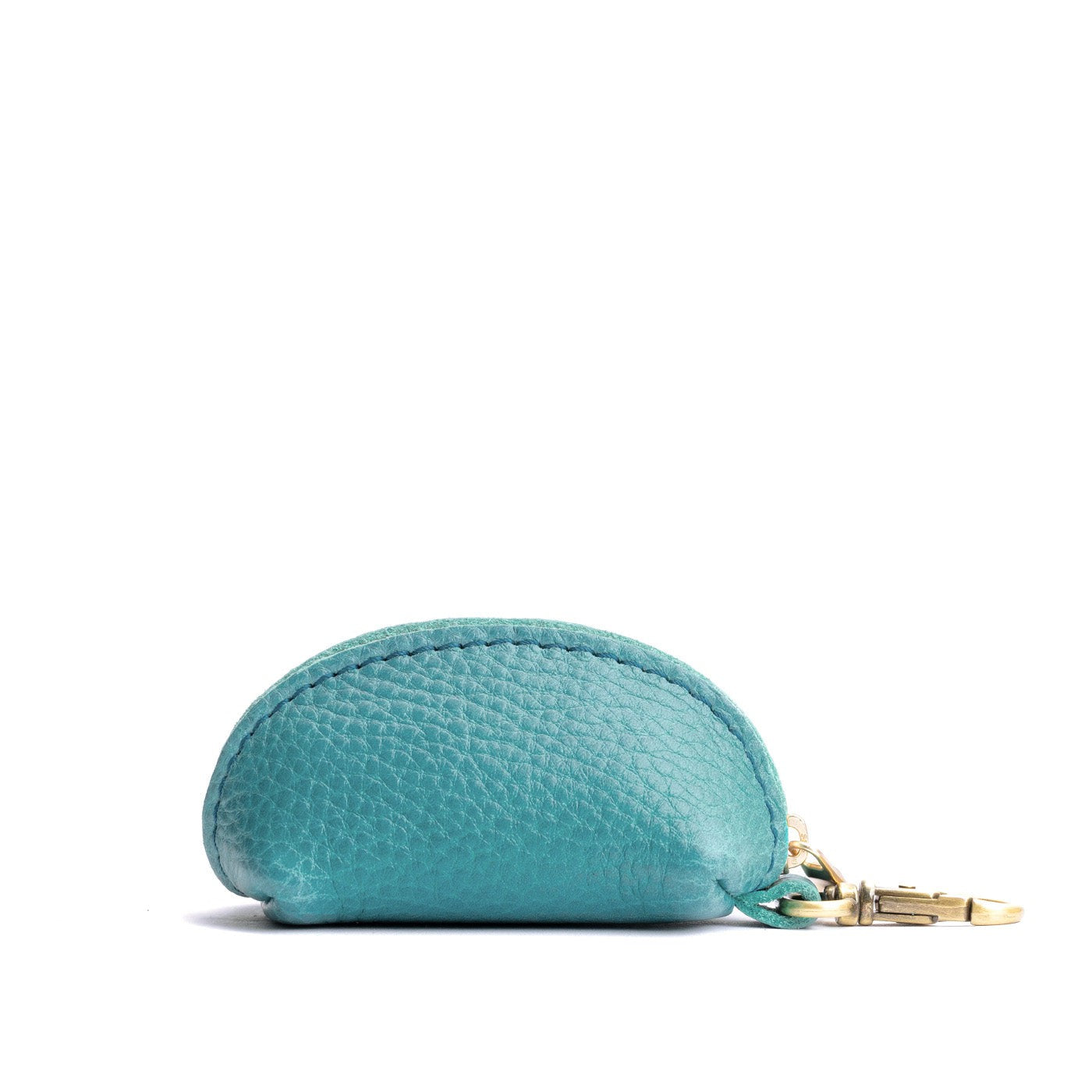 Seafoam | Taco shaped leather pouch with zipper and swivel lobster clasp on white background