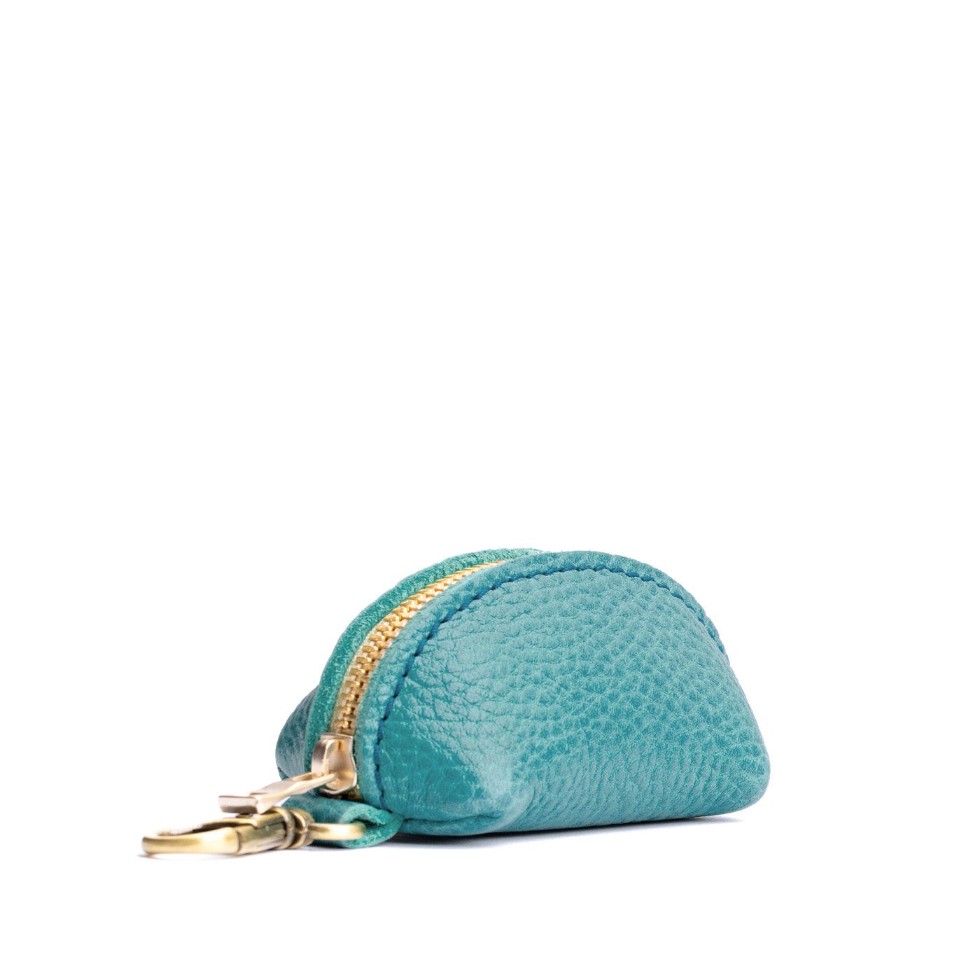 Seafoam | Taco shaped leather pouch with zipper and swivel lobster clasp on white background