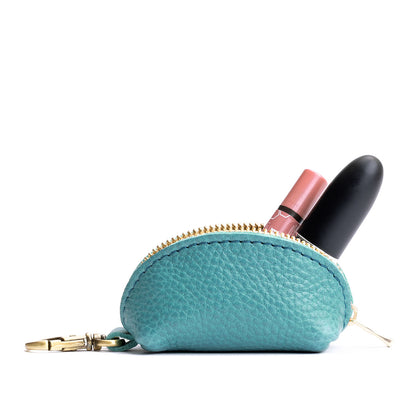 Seafoam | Taco shaped leather pouch with zipper and swivel lobster clasp on white background