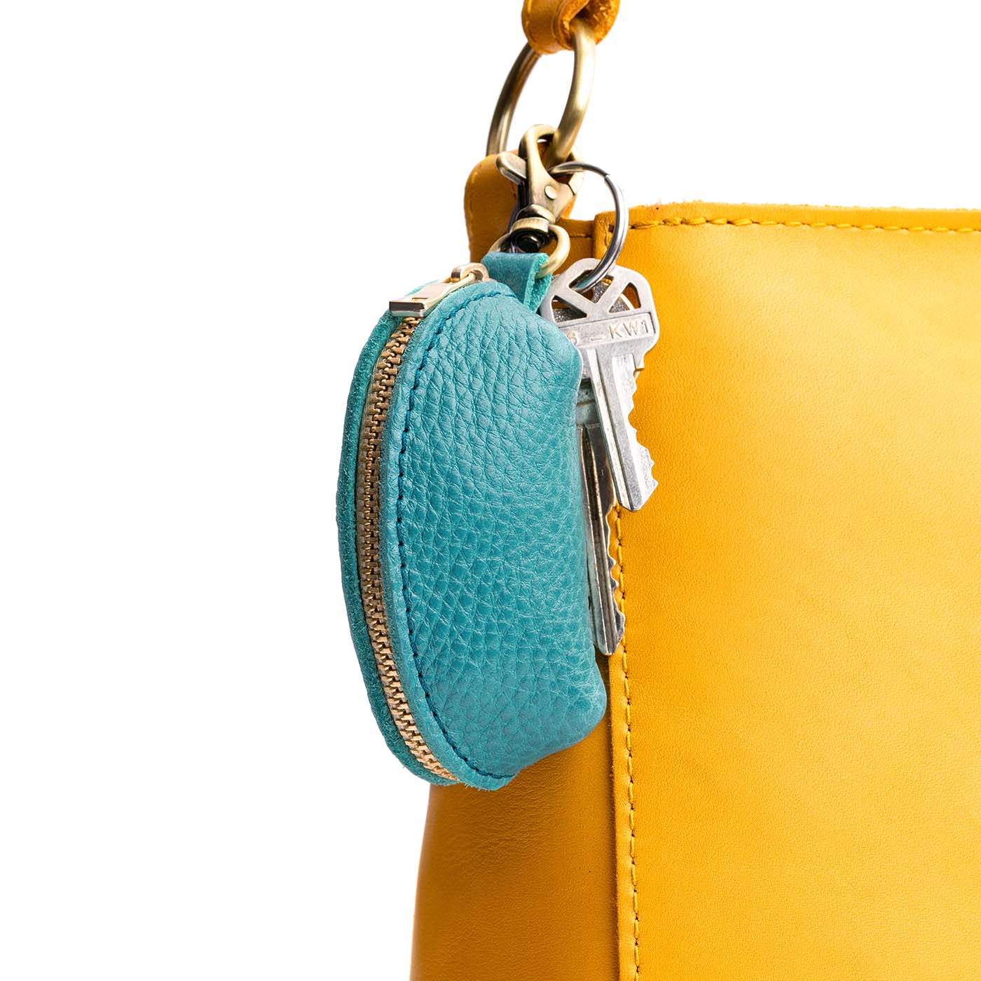 Seafoam | Taco shaped leather pouch with zipper and swivel lobster clasp on bag