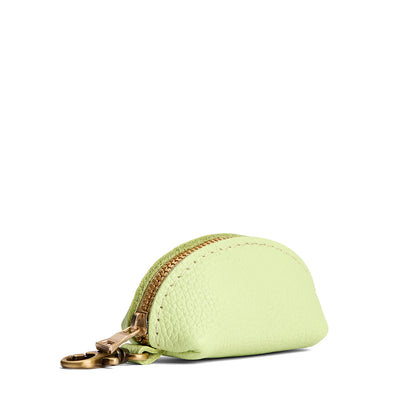 Shadow Lime | Taco shaped leather pouch with zipper and swivel lobster clasp on white background