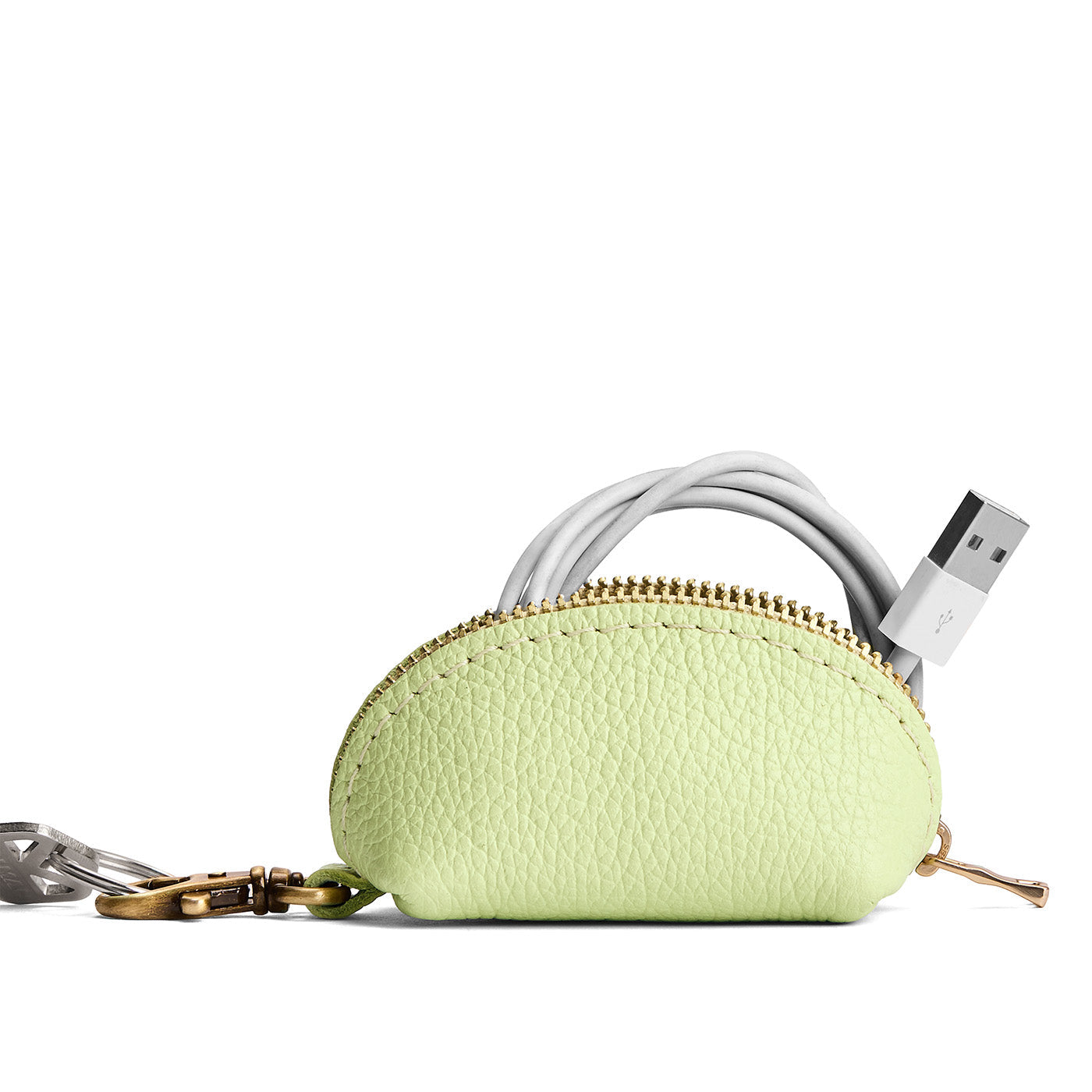Shadow Lime | Taco shaped leather pouch with zipper and swivel lobster clasp on white background