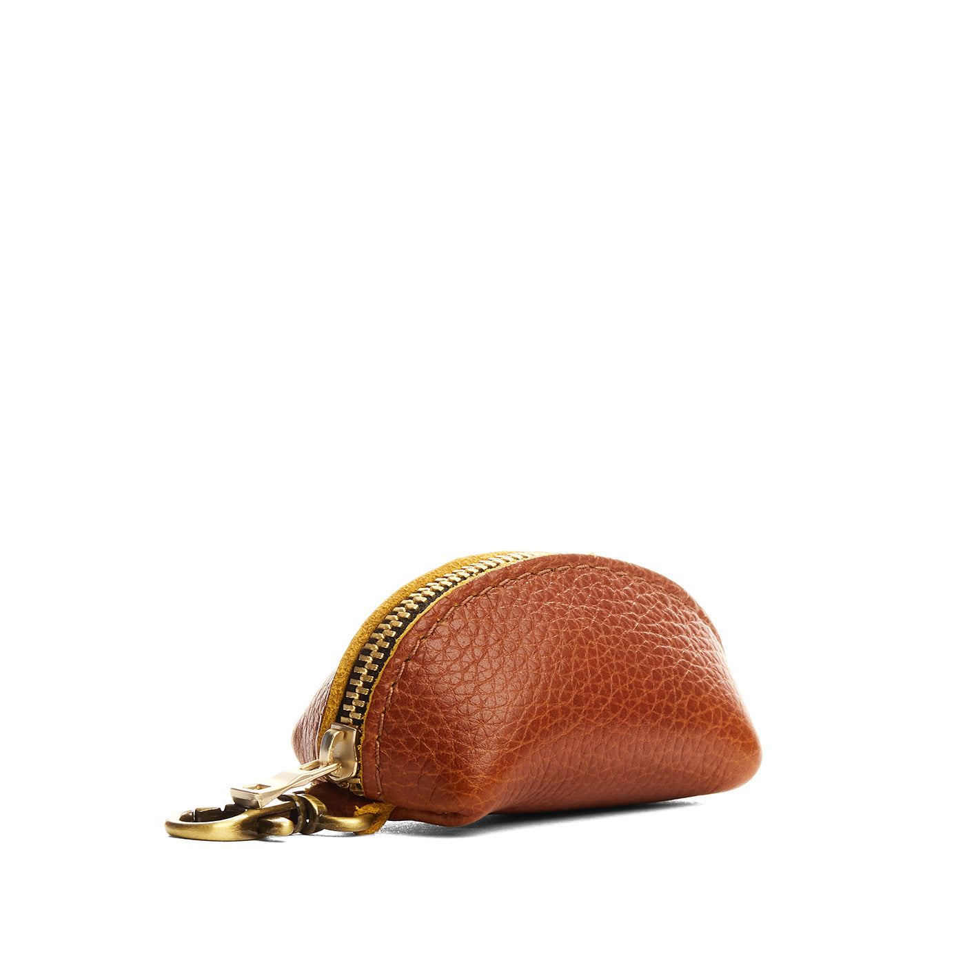 Sienna | Taco shaped leather pouch with zipper and swivel lobster clasp on white background