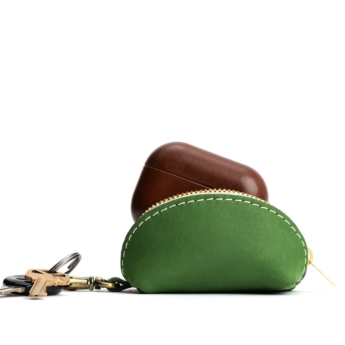 Succulent | Taco shaped leather pouch with zipper and swivel lobster clasp on white background