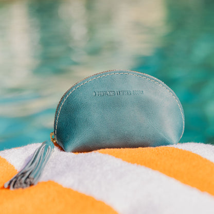 Aqua | Small leather zippered pouch with tassel