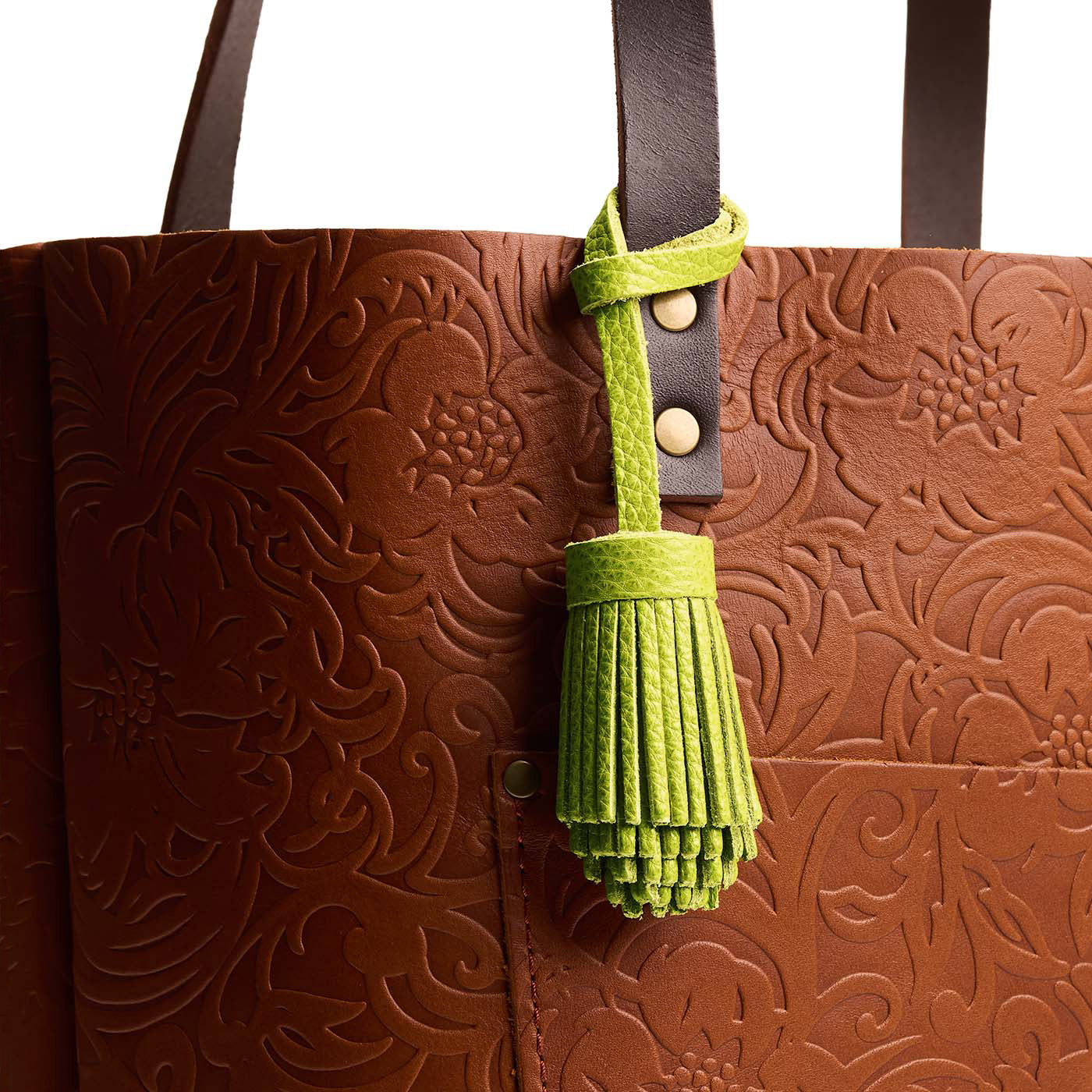 All Color: Wasabi | Pom-pom style with tiered leather fringe