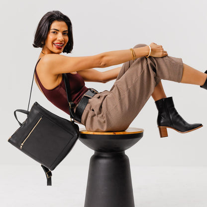 All Color: Black*Large | Model wearing square slim leather tote backpack