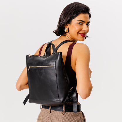 All Color: Black*Large | Model wearing square slim leather tote backpack