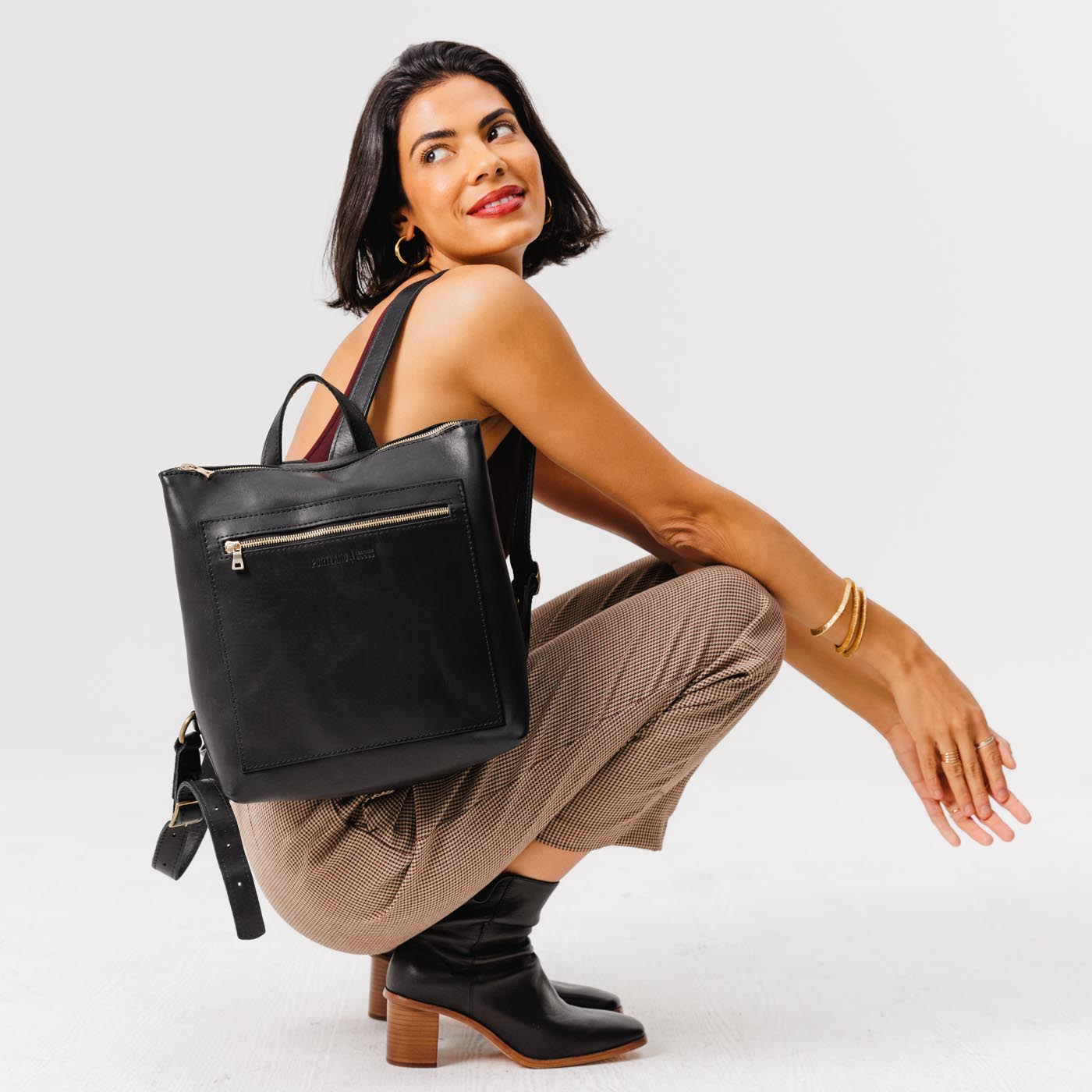All Color: Black*Large | Model wearing square slim leather tote backpack
