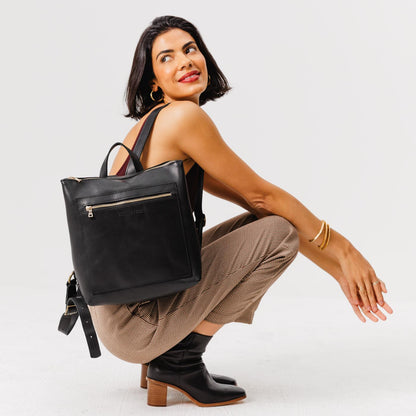 All Color: Black*Large | Model wearing square slim leather tote backpack