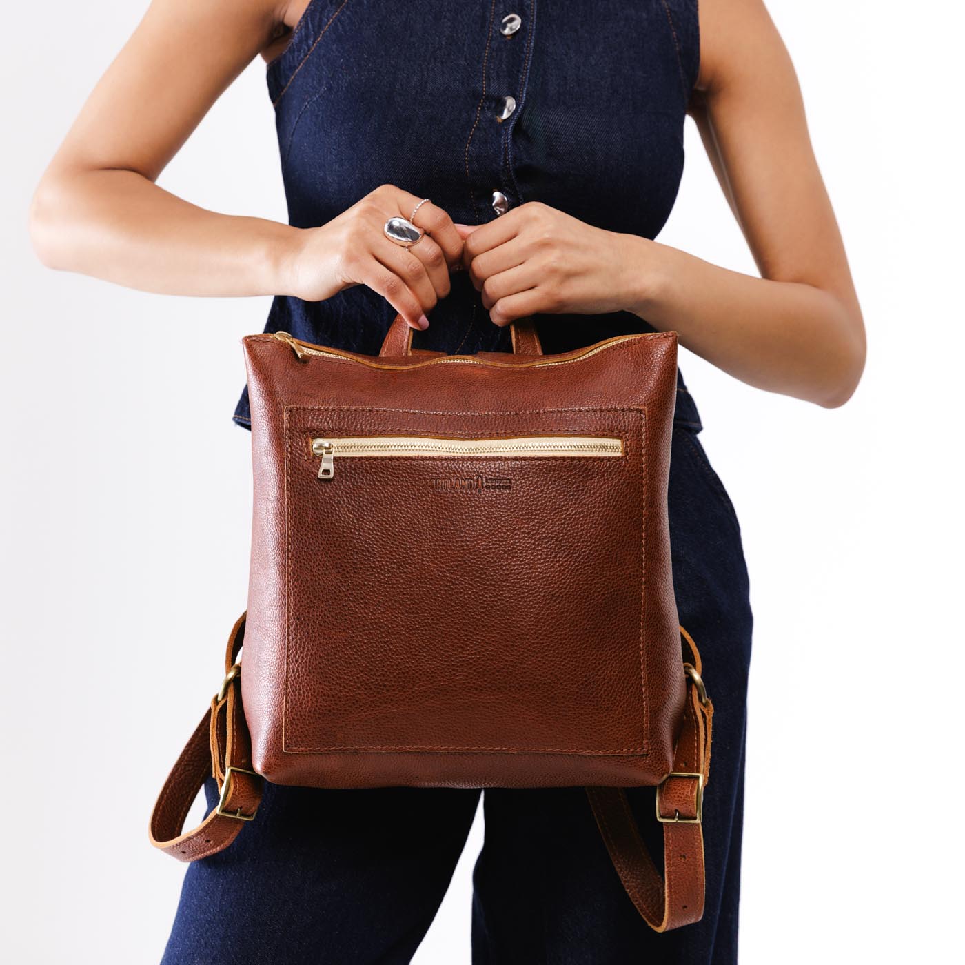 All Color: Nutmeg*Large | Model wearing square slim leather tote backpack