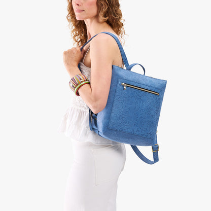 Cornflower | Model wearing square slim leather tote backpack