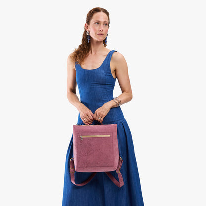 Hollyhock | Model wearing square slim leather tote backpack