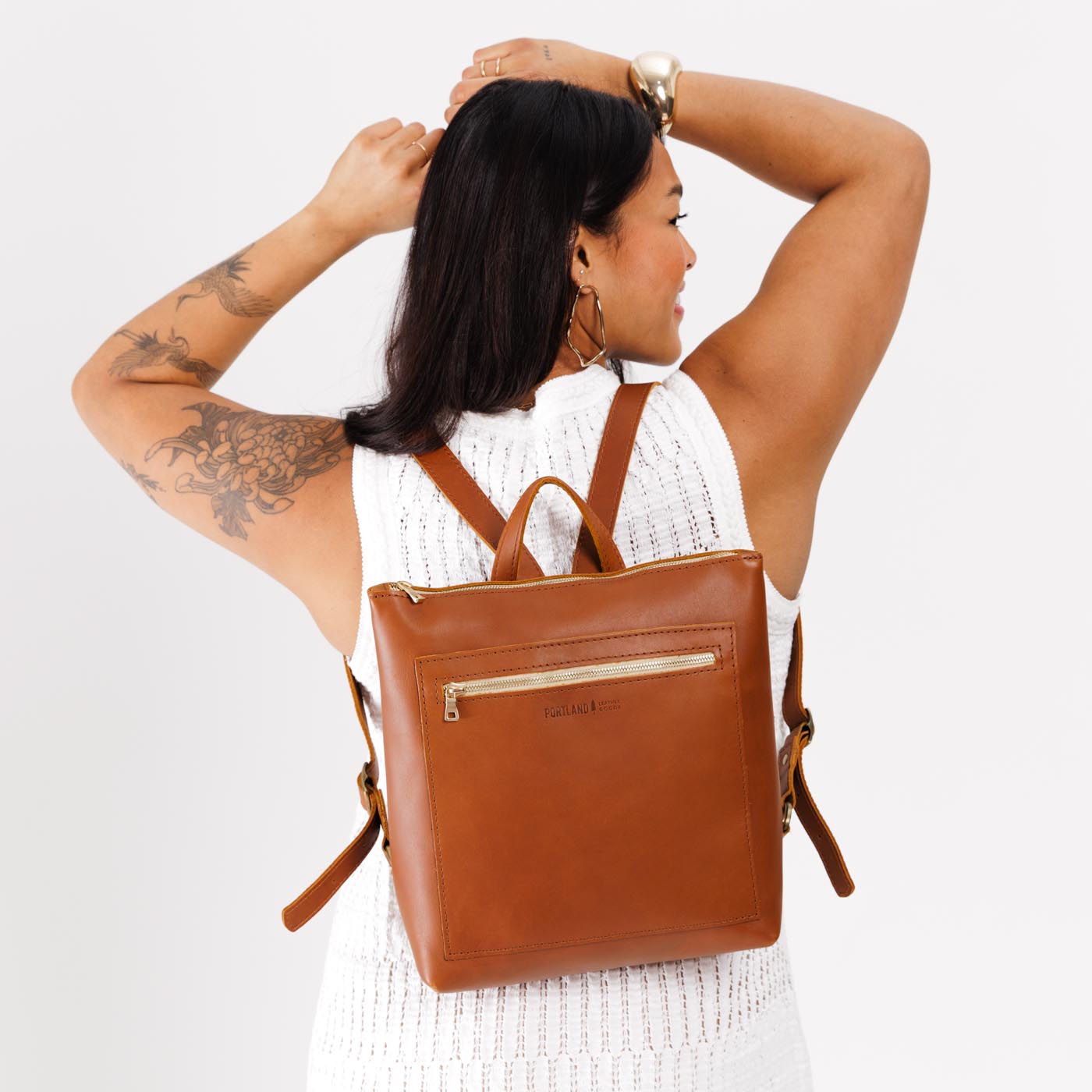 All Color: Honey*Large | Model wearing square slim leather tote backpack