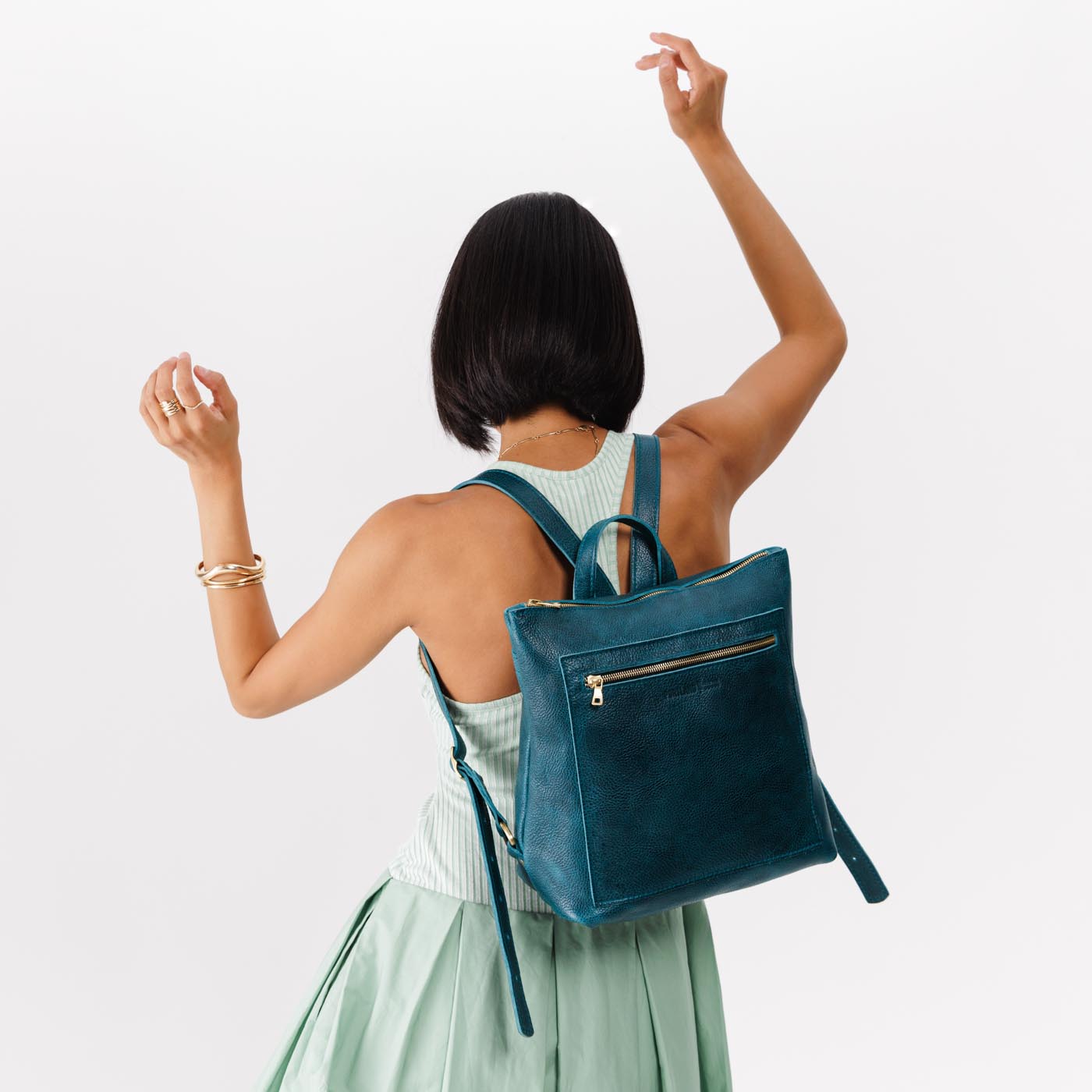 Lagoon*Large | Model wearing square slim leather tote backpack