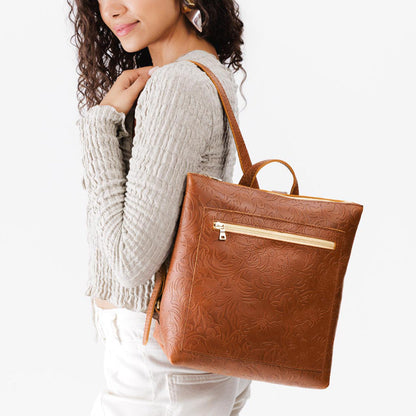 Meadow*Large | Model wearing square slim leather tote backpack