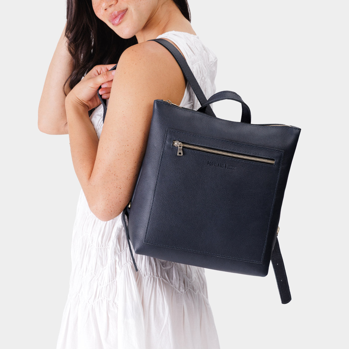 Night Owl*Large | Model wearing square slim leather tote backpack