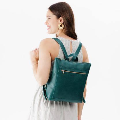 Sea Glass*Large | Model wearing square slim leather tote backpack