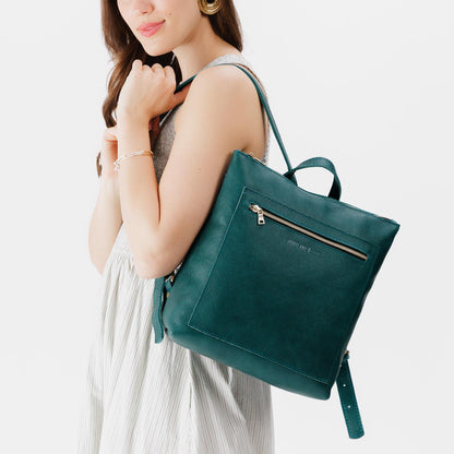 Sea Glass*Large | Model wearing square slim leather tote backpack