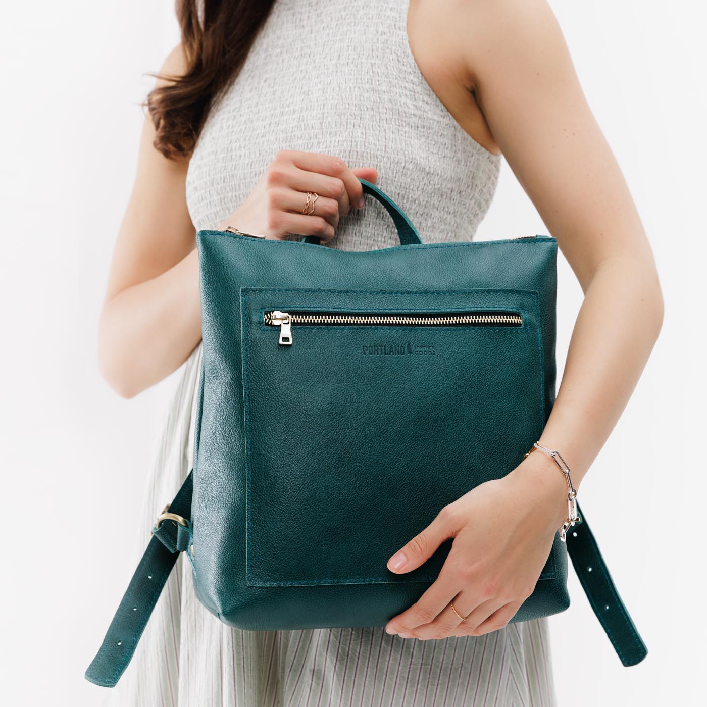 Sea Glass*Large | Model wearing square slim leather tote backpack