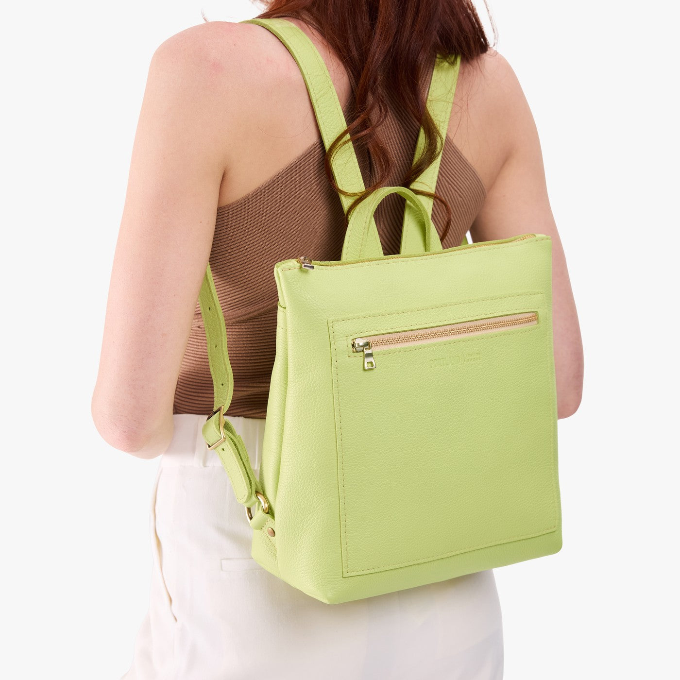 Shadow Lime*Large | Model wearing square slim leather tote backpack