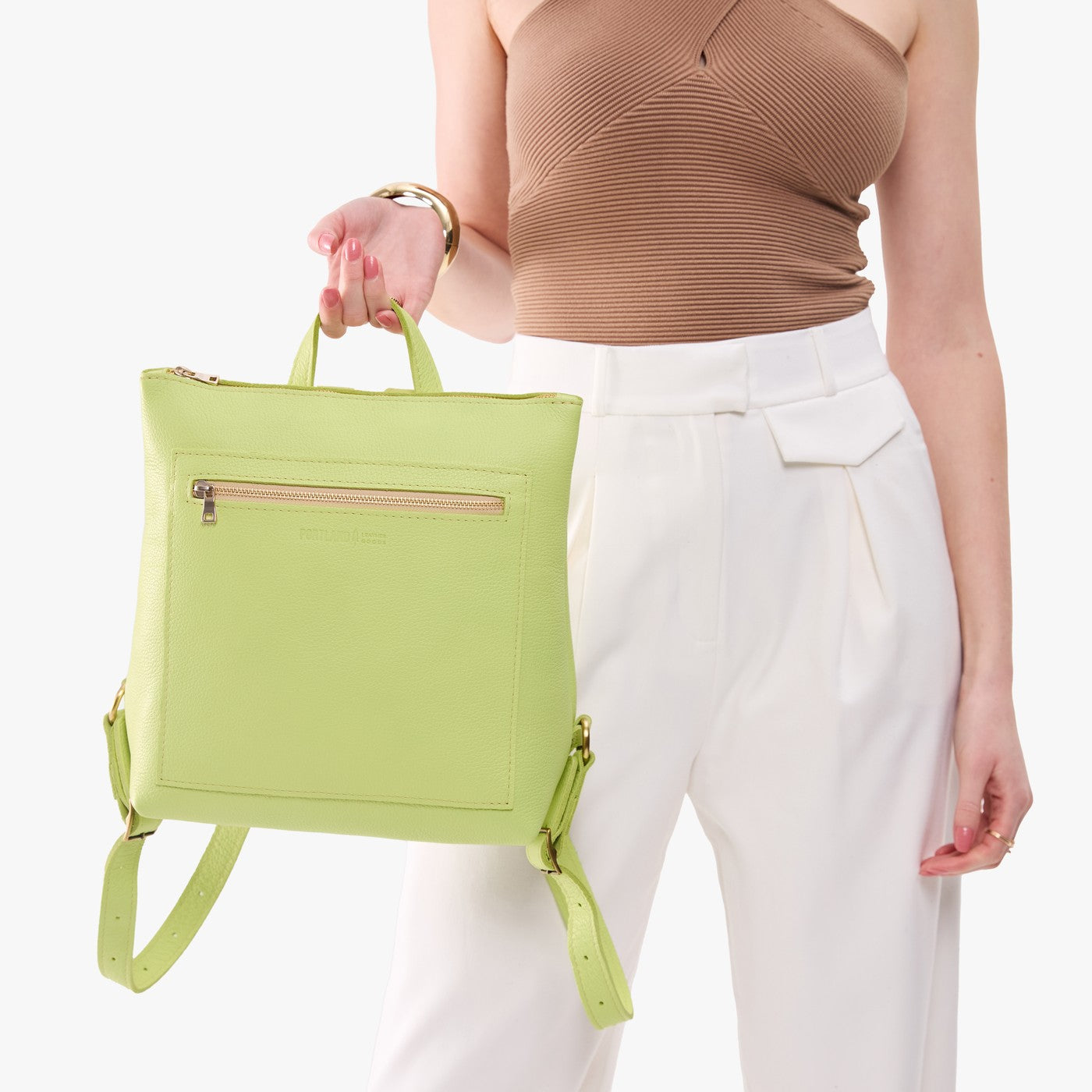 Shadow Lime*Large | Model wearing square slim leather tote backpack