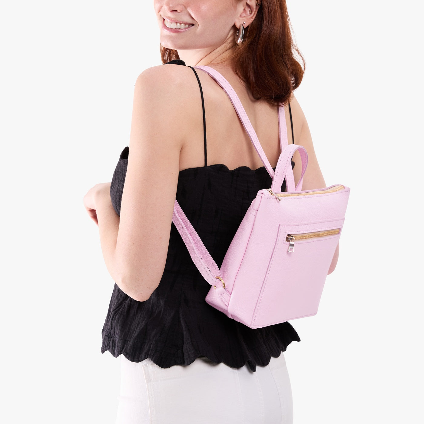 Pinkaboo*Small | Model wearing square slim leather tote backpack