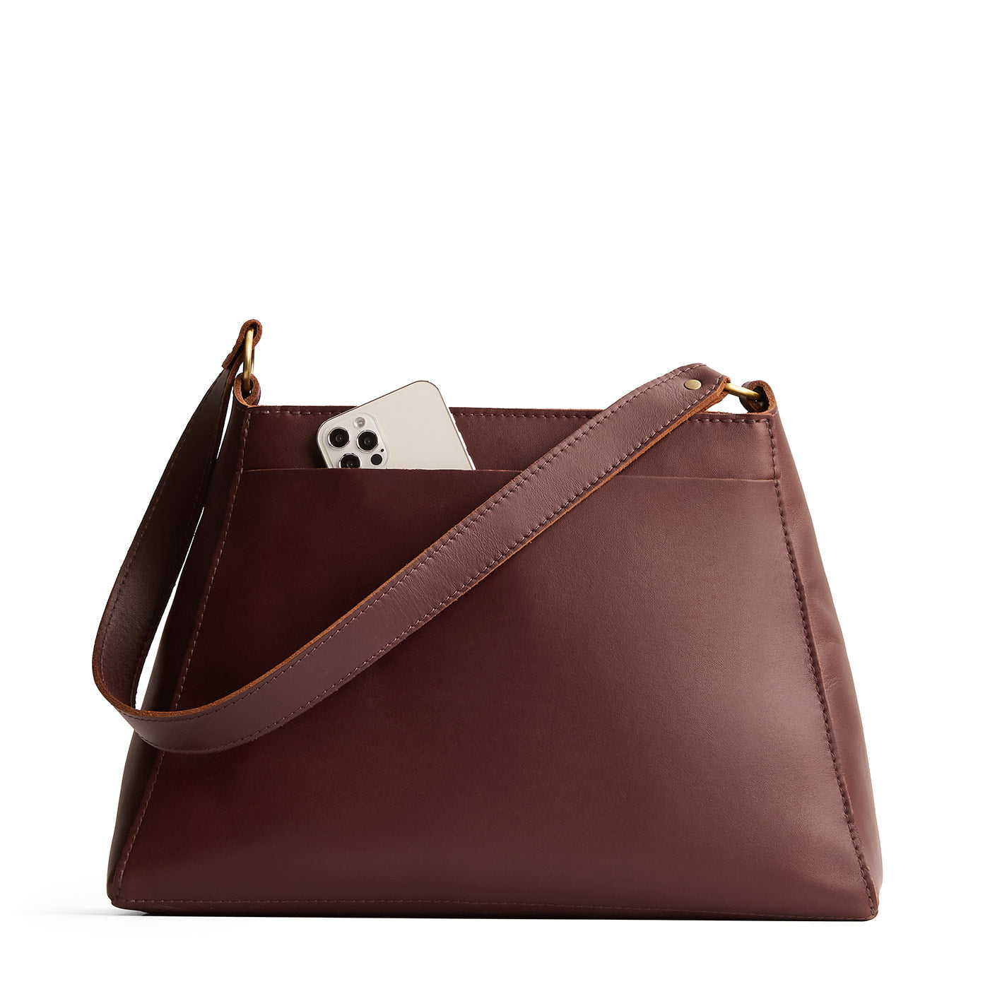 Cognac*Large | Large triangular shoulder bag with antiqued brass finished hardware