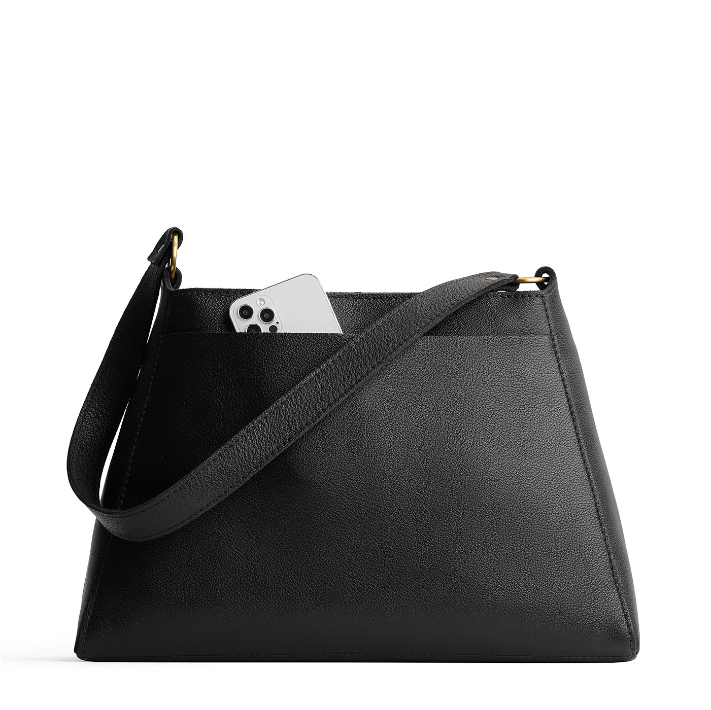 Pebbled--black*Large | Large triangular shoulder bag with antiqued brass finished hardware