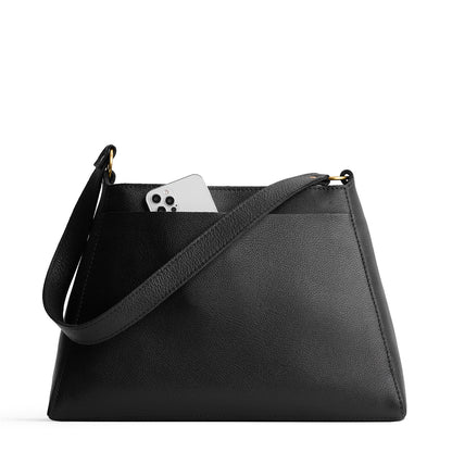 Pebbled--black*Large | Large triangular shoulder bag with antiqued brass finished hardware