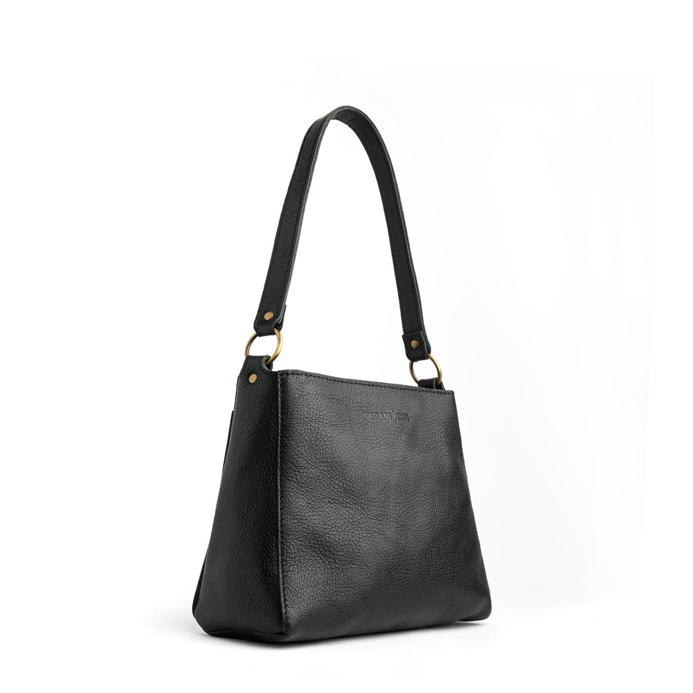 Pebbled--black*Small | Triangular shoulder bag with antiqued brass finished hardware