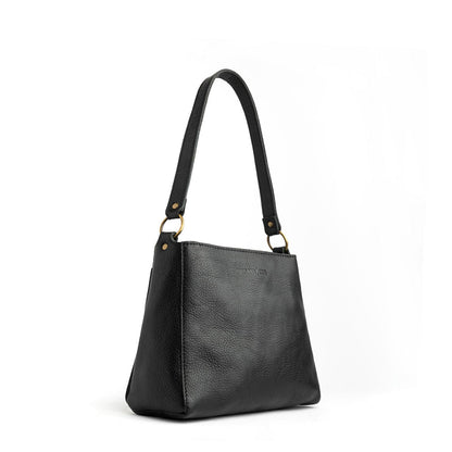 Pebbled--black*Small | Triangular shoulder bag with antiqued brass finished hardware