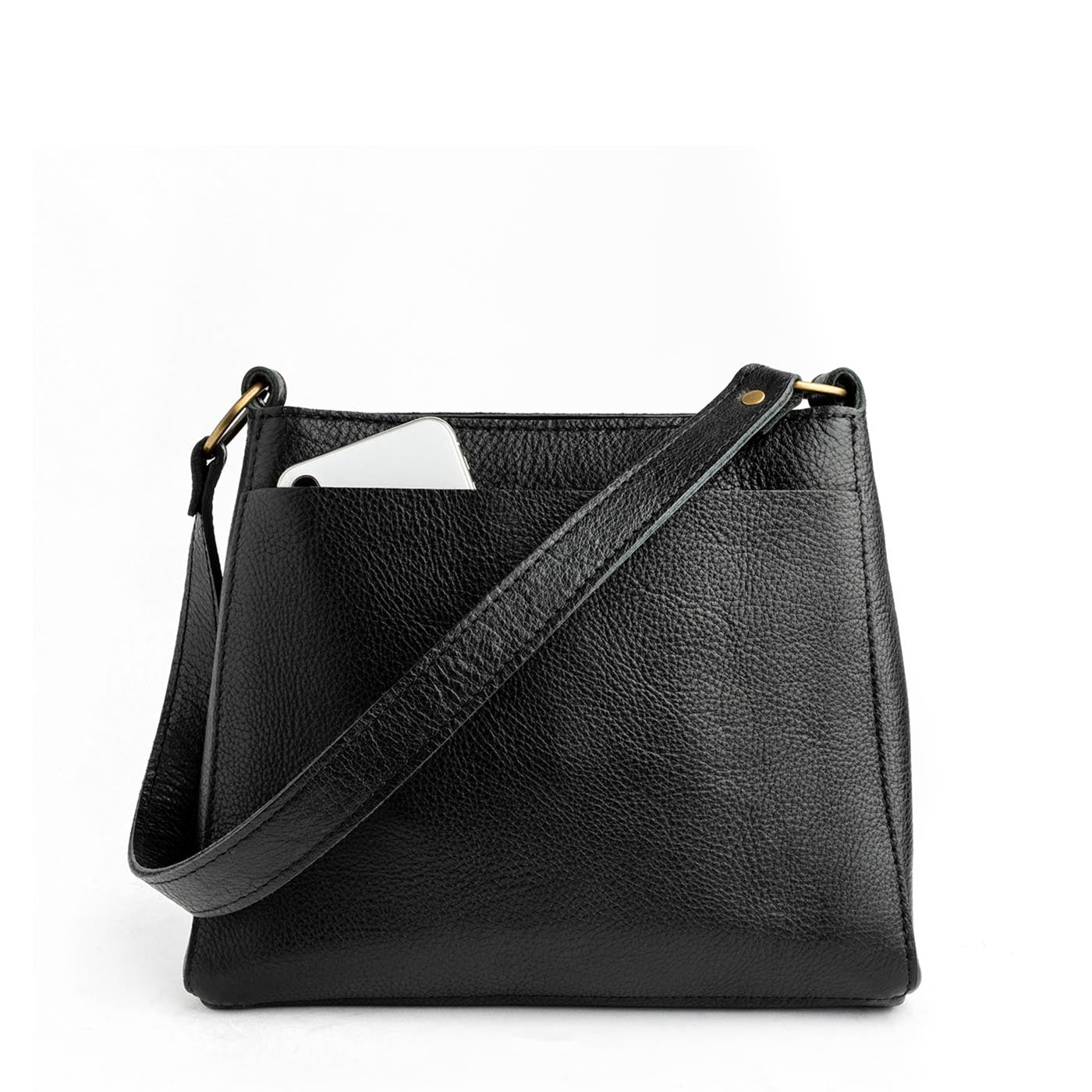 Pebbled--black*Small | Triangular shoulder bag with antiqued brass finished hardware