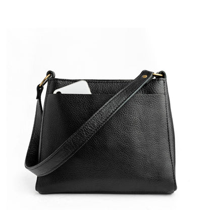 Pebbled--black*Small | Triangular shoulder bag with antiqued brass finished hardware