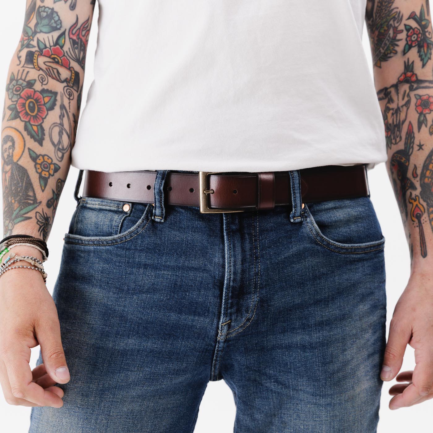 All Variants | Mens smooth leather belt with antique brass buckle on model