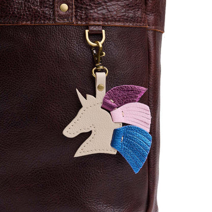 Pebbled Bone | Playful unicorn head keychain with a fringe mane