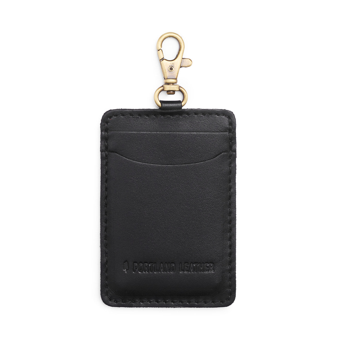 Black | A leather card holder with a swivel lobster clasp on a white background