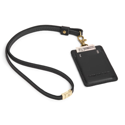 Black | A leather lanyard attached to a matching card holder on a white background