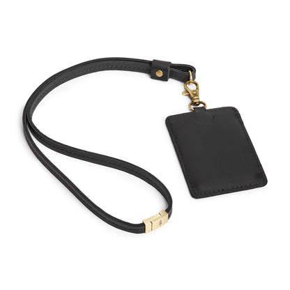 Black | A leather lanyard attached to a matching card holder on a white background