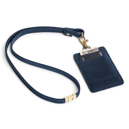 Deep Water | A leather lanyard attached to a matching card holder on a white background