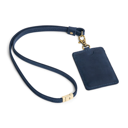 Deep Water | A leather lanyard attached to a matching card holder on a white background