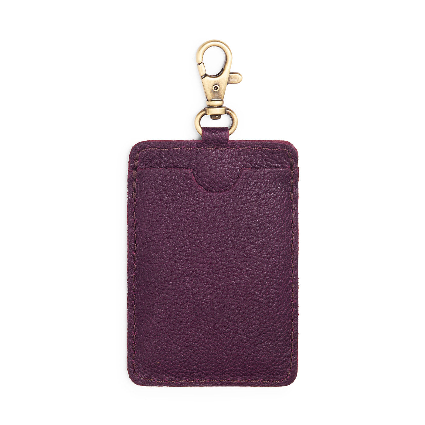 Plum | A leather card holder with a swivel lobster clasp on a white background