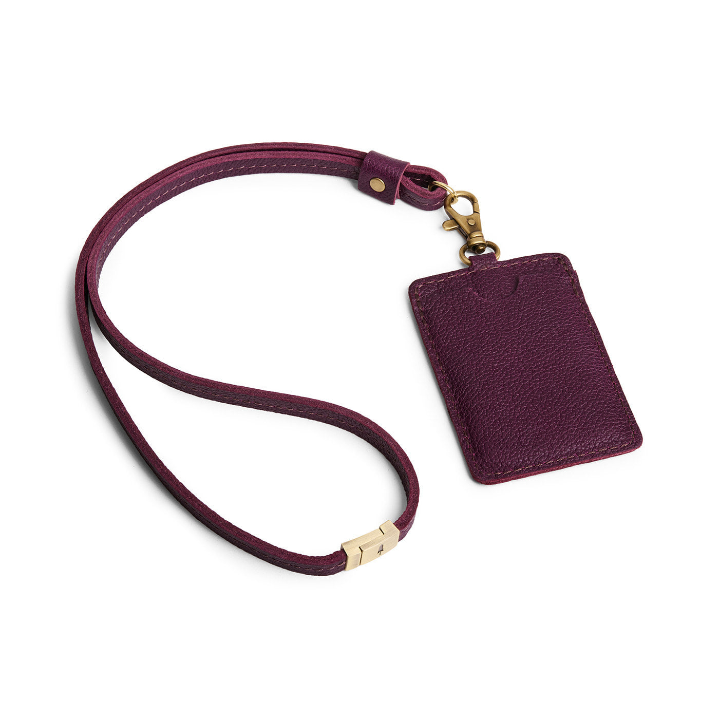 Plum | A leather lanyard attached to a matching card holder on a white background